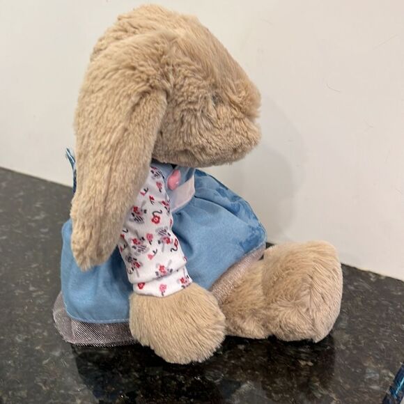 12” Manhattan Toy Company Tan Bunny Rabbit Plush Blue Dress with Pink Flower Top - Picture 5 of 8